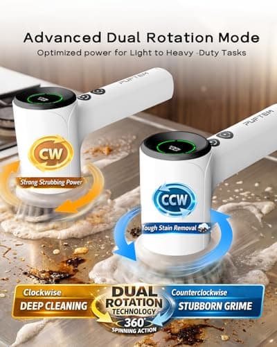 PUFTEM Shower Scrubber, Electric Spin Scrubber for Bathroom Cleaning – Cordless Shower Cleaner Brush with 6 Brush Heads, Dual-Direction Rotation, for Grout, Tile, Tub, Sink & Corners, White - Thumbnail 2