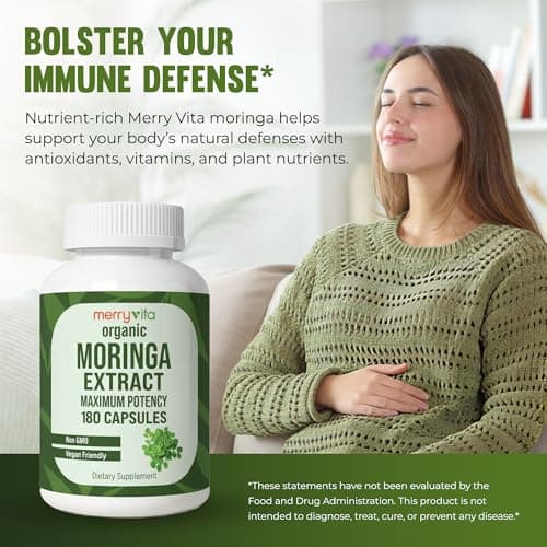 MERRY VITA Organic Moringa Capsules – Moringa Oleifera Leaf Extract – Moringa Supplement – Maximum Potency Green Superfood – Immune & Antioxidant Support – Vegan, Non-GMO – Made in USA – 180 Capsules - Thumbnail 6
