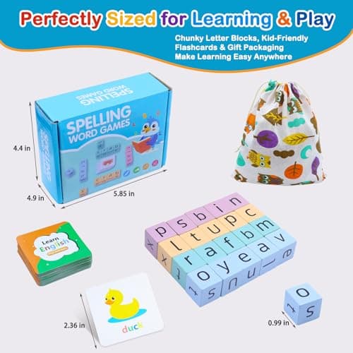 Humerry Spelling Games for Kids Ages 3-8, Phonics Matching Game with 54 Flash Cards & 20 Letter Blocks, CVC & Sight Word Building Reading Game, Classroom Must Haves for Preschool & Kindergarten - Thumbnail 4