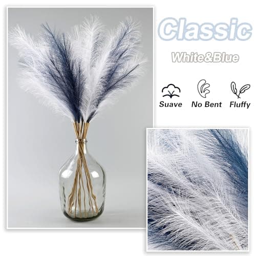 Acfruits 12 Pcs Navy Blue and White Pampas Grass Decor 38"/3.1FT Tall Fake Pompas Floral Large Artificial Pompous Grass Branches Plants for Floor Vase Filler Home Boho Decoration - Thumbnail 3