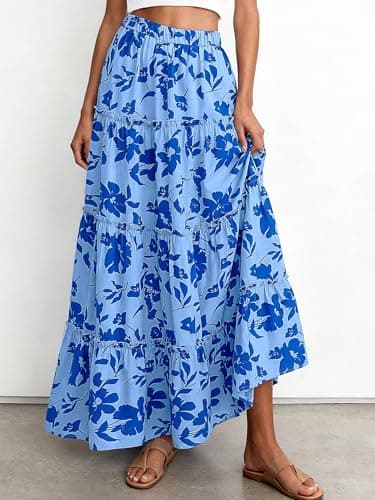 BTFBM Floral Maxi Skirts for Women Summer Spring 2026 Elastic Waist Tiered Flowy Beach Vacation Boho Midi Long Skirt(Floral Blue, X-Large) - Thumbnail 3