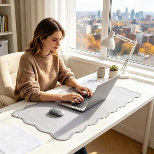 yuboo Grey Scalloped Desk Mat, 31" x 15.7" Large Waterproof Pastel Desk Mat Cottagecore Aesthetic Desk Pad Desktop Keyboard Mouse Mat for Dorm Office Gaming Decor - Thumbnail 5