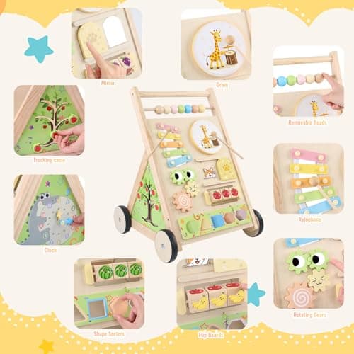 Wooden Baby Walker with Wheels Baby Push Walker for Boys Girls 6-12 Months Wooden Walker Activity Center Walking Toys for 1 Year Old Learning to Walk Sit to Stand Walker for Baby 12-18 Months Push Toy - Thumbnail 4