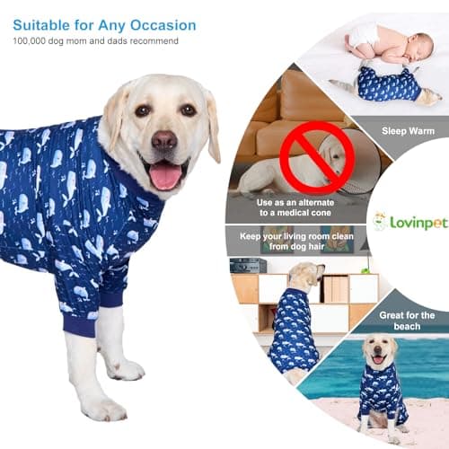 LovinPet Large Dog Outfit, Dog Onesie for Surgery, Large Breed Dog Pajamas, Lightweight Navy Whale Print, Pet Pajamas for Dogs, UV Protection Shirt for Dogs, Pitbull Clothes,Blue, XL - Thumbnail 5