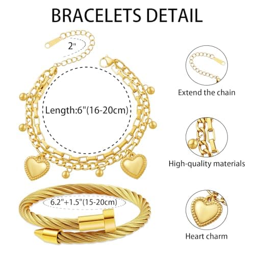 LCTrusttmor Gahna Heart Charms Bracelets for Women, Stackable 18K Gold Plated Heart Charm with Adjustable Layered Link Chain Set Dainty Jewelry Gifts - Thumbnail 4
