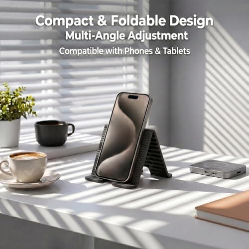 Adjustable Foldable Silicone Phone Stand, Black, with Charging Port, Non-Slip Desk Holder for iPhone, Samsung, Tablets - Thumbnail 5
