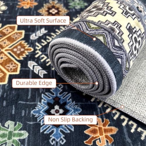 Boho Washable Area Rug 5x7, Large Soft Rugs for Living Room Farmhouse Vintage Blue Carpet 5x7 Area Rugs for Bedroom Dining Room Non-Slip Stain Resistant Under Table Rug - Thumbnail 5