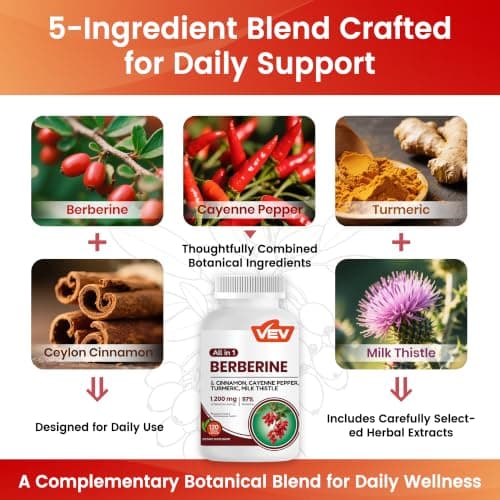 VEV Berberine Supplement with Ceylon Cinnamon, Cayenne Pepper, Turmeric, Milk Thistle, Vegan & Non-GMO – 120 Capsules - Thumbnail 3