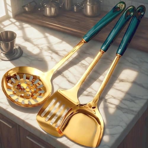 Novellus Stainless Steel Gold Kitchen Utensils Set with Holder, 7pcs Green - Thumbnail 5