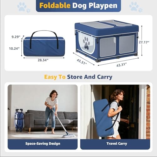 LOOBANI Foldable Dog Playpen with Cover: 1 Min Setup Pet Puppy Playpen Indoor, Sturdy Reinforced Steel/Iron Frame Dog Fence, Portable Whelping Box for Home Dog Cat Rabbit-43.3"x43.3"x27.1"│Patented - Thumbnail 6