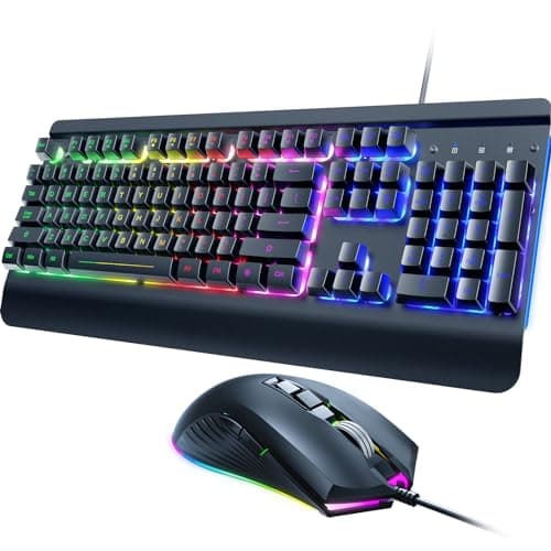 Wired Gaming Keyboard and Mouse Combo, 104 Keys All-Metal Panel Rainbow Computer Keyboard with Multimedia Keys Wrist Rest and LED Backlit Gaming Mouse 4200 DPI for Windows PC Gamers (Black) - Image 1