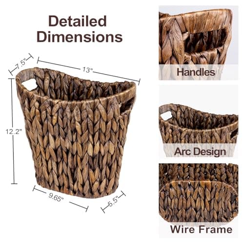 FairyHaus Wicker Waste Basket with Handle, Hand-Woven Water Hyacinth Trash Can for Bathroom Bedroom, Brown Wicker Storage 13 x 7.5 x12.2 - Thumbnail 5