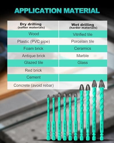 LEKOMESH 10PCS Carbide Masonry Drill Bit Set, 3/16"–1/2", 4-Cross 9-Edge Tip for No Walking & Precise Drilling, Hex Shank Multi-Material Bits for Tile, Ceramic, Brick, Concrete, Glass, Wood - Thumbnail 6