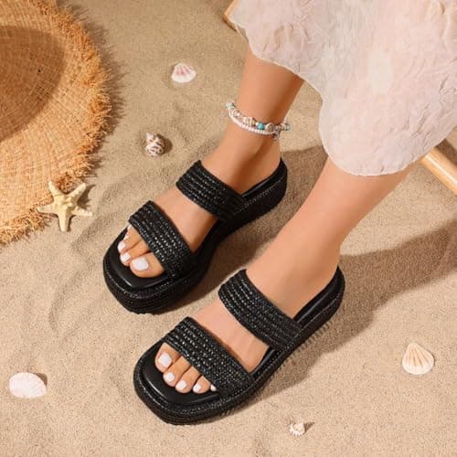 Erocalli Espadrilles for Women Platform & Wedge Sandals Slip on Open Toe Two Straps Cute Slides Summer Beach Straw Raffia Sandal Dressy Flatform Vacation Summer Outfits - Thumbnail 4