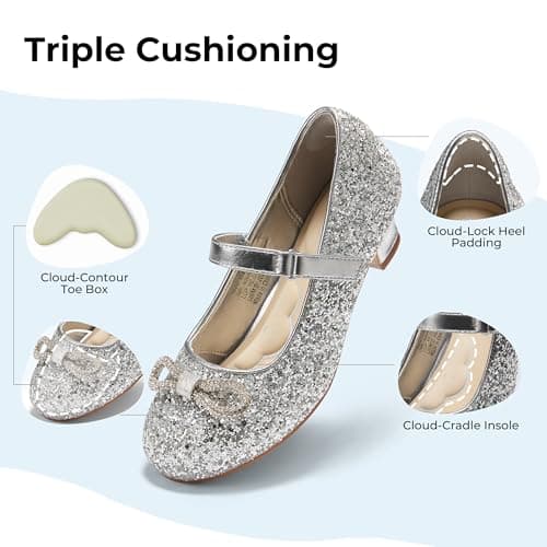 PATPAT Girls Dress Shoes Size 11 Little Kid, Silver Glitter Shoes with Butterfly Hair Clips, Sequins Rhinestones Bowknot Princess Low Heels Mary Jane Footwear Heels for Girls Dress Up - Thumbnail 4