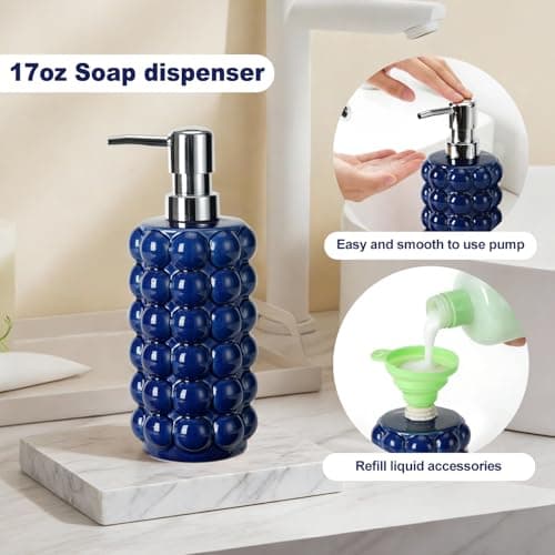 4 Piece Ceramic Bathroom Accessories Set –Soap Dispenser,Toothbrush Holder,Tumbler & Soap Dish,Includes Silicone Funnel,Non-Slip,Modern Farmhouse Countertop Organizer Set for Bathroom Decor, Navy Blue - Thumbnail 4