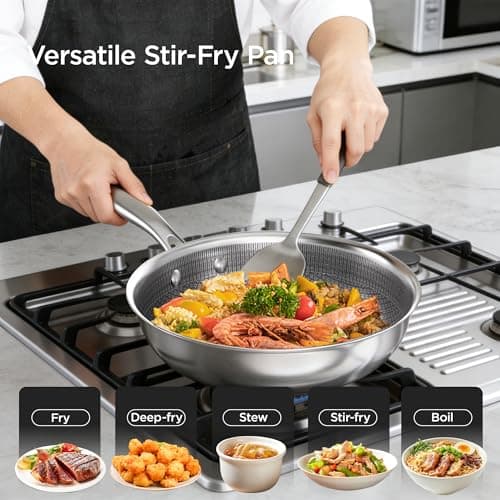COOKER KING 12-Inch Hybrid Stainless Steel Wok with Lid, Nonstick Stir Fry Pan & Deep Frying Pan, Tri-Ply Clad Honeycomb Everyday Pan, Induction Ready, Oven & Dishwasher Safe, PFOA Free - Thumbnail 6
