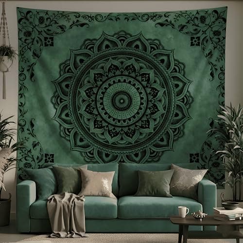 Tichgeim Green Mandala Tapestry for Bedroom Aesthetic, Boho Hippie Ceiling Art Decor Tapestries, Bohemian y2k Floral Backdrop Wall Hanging for Teen Girls Dorm Living Room (51"X60") - Thumbnail 4