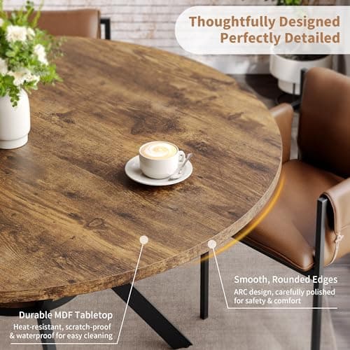 MECHYIN Round Dining Table for 2-4, 42 Inch Wood Kitchen & Dining Room Tables with Storage, Circle Dinner Table with Metal Legs, Space Saving Small Table for Dining Room, Kitchen, Rustic Brown - Thumbnail 5