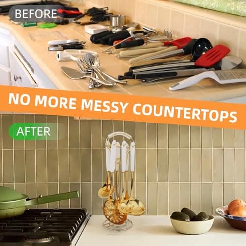 Novellus Stainless Steel Gold Kitchen Utensils Set with Holder, 7pcs White - Thumbnail 3