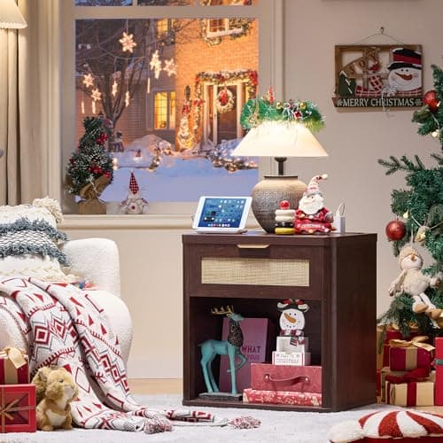 LEYAOYAO Rattan Nightstands Set of 2 with Charging Station, Walnut Night Stand with Drawer, 23" Wide Boho Bedside Table with Storage Shelf, Bed Side End Tables for Bedroom, Living Room, Hallway - Thumbnail 2