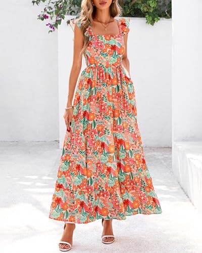 dowerme Summer Dresses for Women 2026 Casual Ruffle Smocked Tiered A-Line Boho Floral Maxi Beach Sun Dress with Pockets(Light Apricot Orange Flower,Small) - Thumbnail 6