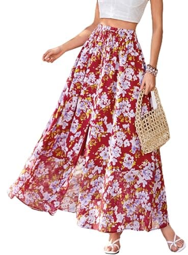 PRETTYGARDEN 2026 Summer Maxi Long Skirts for Women Trendy Boho Floral High Waisted Slit Flowy Travel Beach Vacation Clothes (Floral Red Purple,X-Large) - Image 1