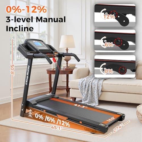 Lastforever 3.5HP Folding Treadmill for Home, 350 lbs Capacity, Portable Treadmills with 3-Level 12% Manual Incline, Bluetooth Speaker, Shock Absorption, Quiet Motor (Black+Orange) - Thumbnail 6