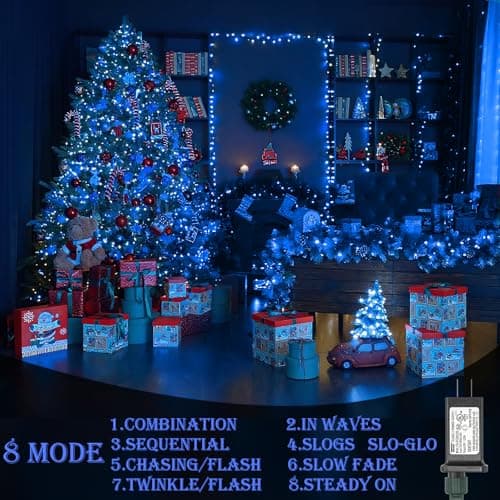 Decute Christmas String Lights Waterproof 300LED 105FT UL Certified with End-to-End Plug 8 Modes, Outdoor Indoor Starry Fairy Lights for Christmas Tree Patio Garden Wedding Party Decor Blue - Thumbnail 2