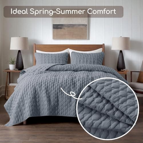 WDCOZY Blue Quilts Queen Size Bedding Sets with 2 Pillow Shams, Lightweight Soft Bedspread Coverlet, Quilted Blanket Thin Comforter Bed Cover for All Season, 3 Pieces, 90x90 inches - Thumbnail 2