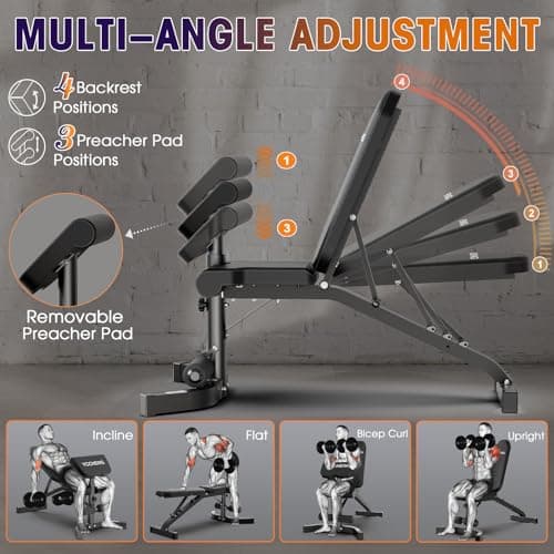 Weight Bench, Muti-functional Strength Training Bench for Full Body Workout Home Gym, Adjustable Sit up Beach, Upright Incline Flat Exercise Bench with Preacher Pad - Thumbnail 2