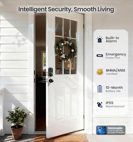Veise VE017-K Fingerprint Smart Lock with 2 Knobs, App Control, Keyless Entry Front Door Lock Set, Electronic Touchscreen Keypad Deadbolt, Emergency Power Port, Easy Install, Auto-Lock, Matte Black - Thumbnail 5