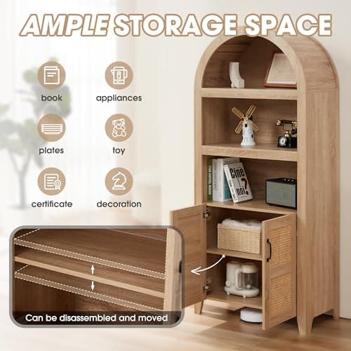 Fragess 72" Arched Storage Cabinet with Beech-Rattan Door, Modern Farmhouse Wooden Bookcase with Adjustable Shelves – Versatile Kitchen Pantry, Living Room Display, and Bedroom Storage (Natural) - Thumbnail 4