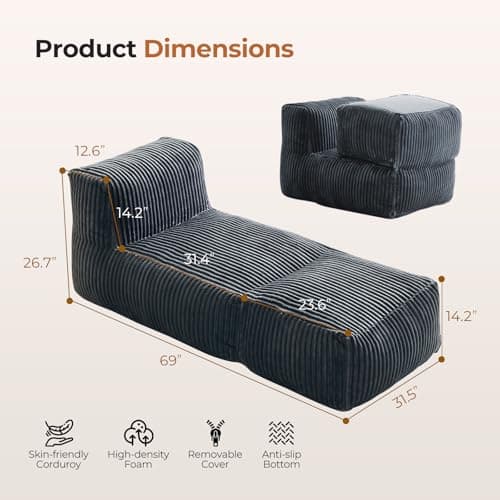 Ayovoch Bean Bag Chair for Adults, Giant Bean Bag Chair with Washable Cover, Comfy Corduroy Bean Bag Lounger with Ottoman, Memory Foam Filled Bean Bag Sofa for Living Room, Bedroom, Balcony, Grey - Thumbnail 2