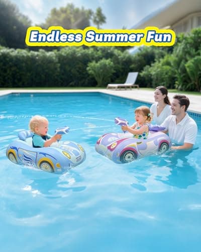 2 Pack Automatic Water Gun with Toddler Pool Float, Inflatable Car Baby Pool Swimming Float, Pool Toys for Girls Boys Kids (Blue + Purple) - Thumbnail 2