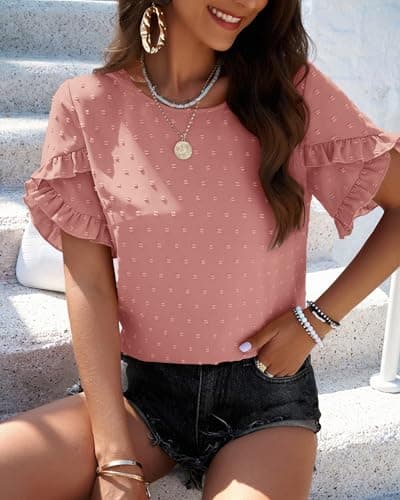 PRETTYGARDEN Women Trendy Blouses 2025 Ruffle Sleeve Jumper Top Dressy Swiss Dot Boho Tunic Tops Cozy Summer Outfits(Pink,XX-Large) - Thumbnail 6
