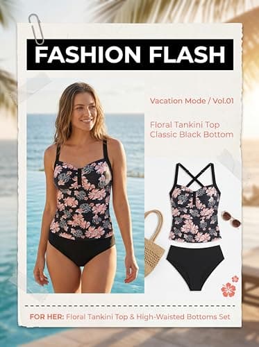 ZAFUL Tankini Swimsuit Tummy Control Bathing Suits 2 Piece Swimwear with High Waisted Bottom Ruched Vintage Floral Print Tankini Tops 2026 Suitable for Beach Weekends (Black Floral M) - Thumbnail 4