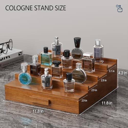 Sueuapp Cologne Organizer for Men,4 Tier Walnut Wood Cologne Stand,Cologne Shelf Display Holder with Hidden Storage and Drawer,Perfume Stand Organizer Great Gifts for Men - Thumbnail 5