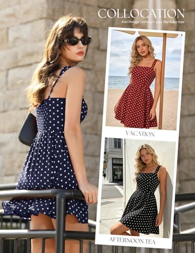 Belle Poque Fit and Flare Dress for Women Mini Short Polka Dot Dress Square Neck Sleeveless Navy Blue Sundresses L - Thumbnail 4