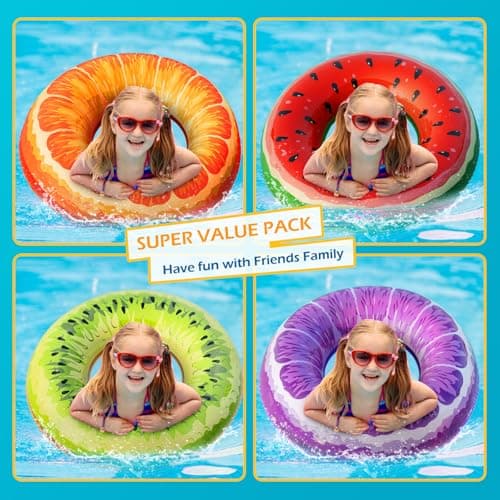 Jasonwell Inflatable Pool Floats Kids - 3 Pack Floaties Pool Tubes Swim Rings Fruit Water Floaty Watermelon Kiwi Orange Inflatable Pool Toys Float for Swimming Pool Party Lake Beach Kids Adults - Thumbnail 3