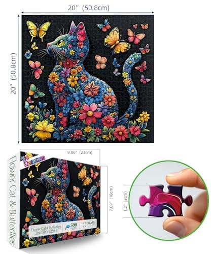 Floral Cat and Butterfly Jigsaw Puzzle for Adults 500 Piece, Colorful Flower Kitten Challenging Jigsaw Puzzle with Poster & Lettered Back, Family Activity Home Decor, 20x20 Inch - Thumbnail 2