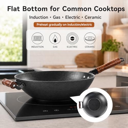 WANGYUANJI Cast Iron Wok Pan with Lid (12.6 Inch) - Handcrafted Flat Bottom Chinese Stir Fry Skillet for Induction, Electric & Gas - Walnut Wood Handle, No Coating - Thumbnail 4