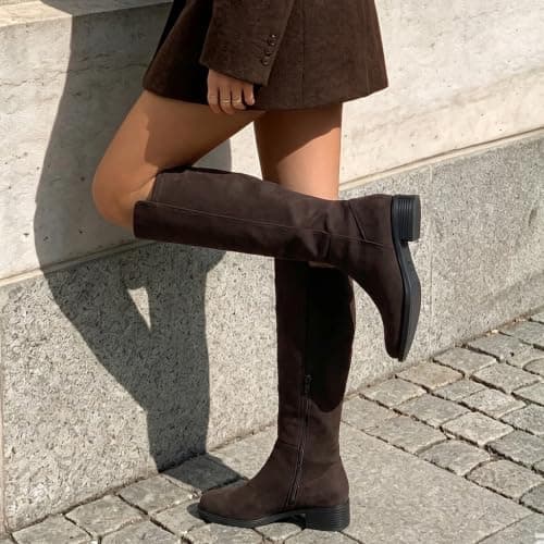 Athlefit Womens Knee High Boots Chunky Block Low Heel Square Toe Suede Riding Tall Boots Fall Long Chocolate Brown Booties for Walking 8.5 - Thumbnail 3