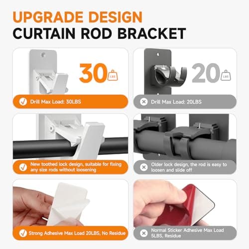 Universal Curtain Rod Holders, No Drill Curtain Rod Brackets, Self Adhesive Curtain Rod Brackets Up to 30 LB, Nail Free Curtain Rod Hooks for Bathroom, Bedroom, Livingroom, Kitchen (4PC, White) - Thumbnail 4