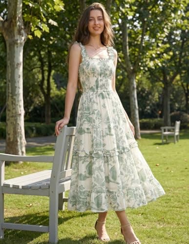 Scarlet Darkness Womens Sundress Cottagecore Spring Summer Boho Floral Dress with Pockets Green S - Thumbnail 6