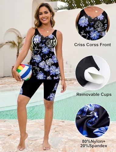 Arolina Swimming Suits for Women Two Piece Tummy Control Swimsuits Modest Swimwear with Shorts Purple Floral (26W) - Thumbnail 4