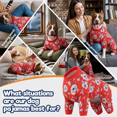 LovinPet Large Dogs PJS Sweatshirt, Anti Licking, UV Protections Dog Shirt, Stretchy Comfortable Skin-Friendly Fabric, Post Surgery Recovery Dog Pajamas, Red & Peach Floral Print, Onesies for Dogs,XL - Thumbnail 4