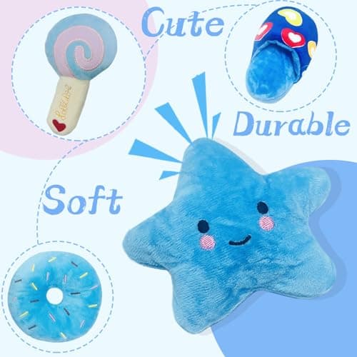 MOSYZEO Soft Dog Toys for Small Dogs, 4 Packs Cute Chew Toys for Puppy, Durable Soft Plush Small Dog Toys, Blue Stars Designs, Puppy Toys - Thumbnail 3