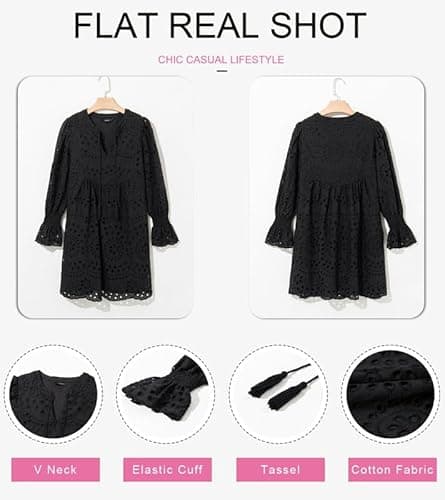 Dokotoo Spring Dresses for Women 2026 Fashion Tassel V Neck Spring Dress Long Sleeve A Line Hollow Out Lace Black Dress Ruffle Cute Flowy Beach Cocktail Sun Dresses Medium - Thumbnail 4