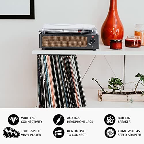 Vinyl Record Player with Speakers Vintage Turntable for Vinyls Records Belt-Driven Turn Table Support 3-Speed, Wireless Playback, Headphone, AUX-in, RCA Line LP Phonograph for Sound Enjoyment Black - Thumbnail 6